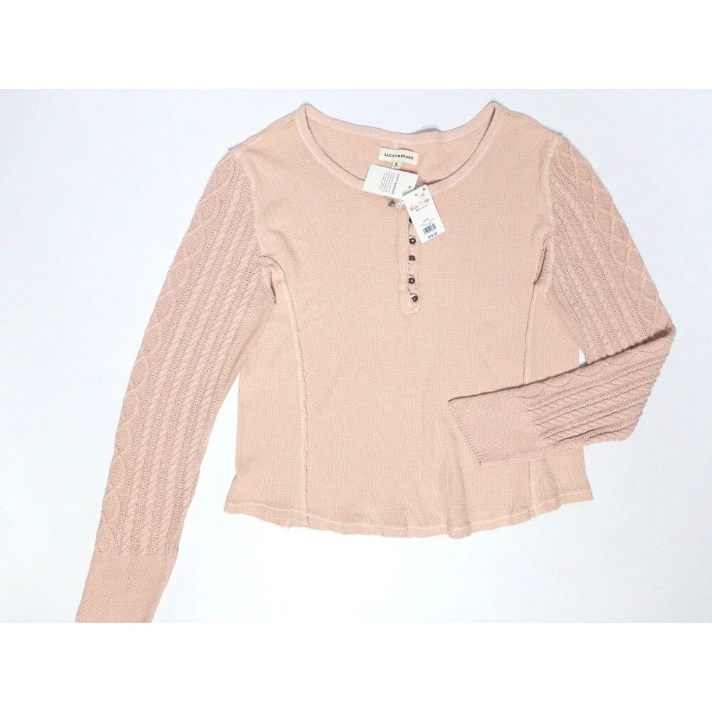 NWT Lucky Brand Pink Mixed Media Thermal Cable Knit Henley Top Women Size XL
